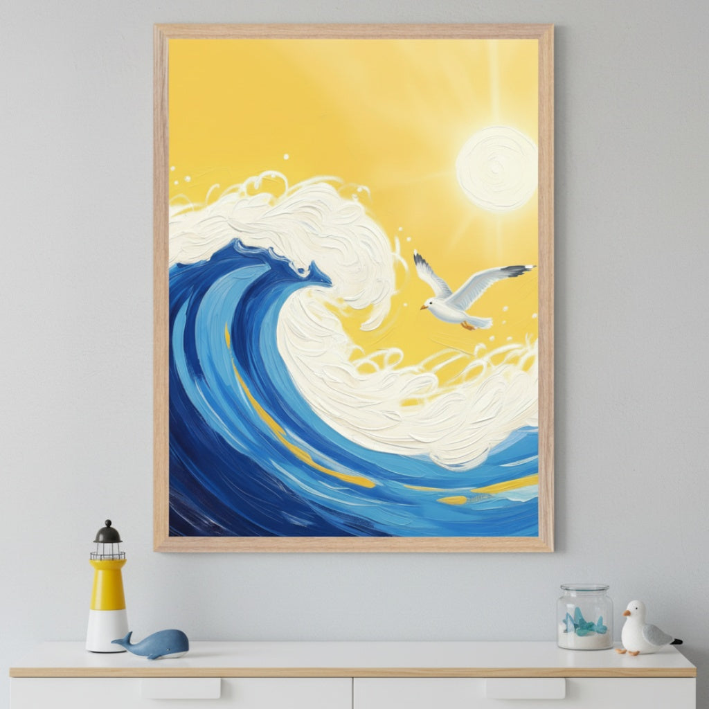 Modern kid's room with a white dresser. A large framed painting depicting a textured blue ocean wave, white foam, yellow sky with sun, and a flying seagull hangs centered above the dresser.