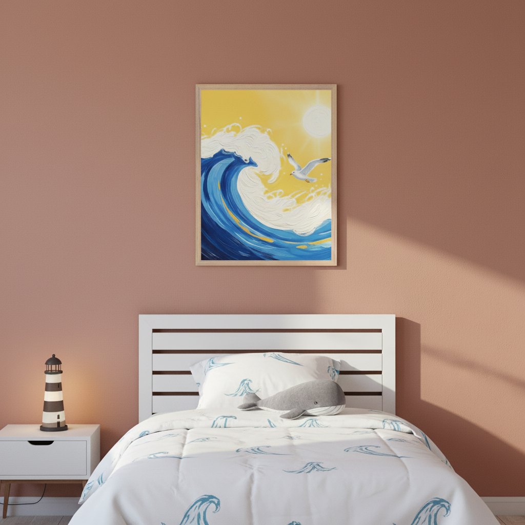 Kid's bedroom with a dusty rose wall. Above a white bed with a slatted headboard hangs a framed, textured painting of a large blue wave, white foam, a flying seagull, and a yellow sun. A white nightstand with a lighthouse lamp sits beside the bed. White bedding features blue wave patterns and a gray whale plush toy.