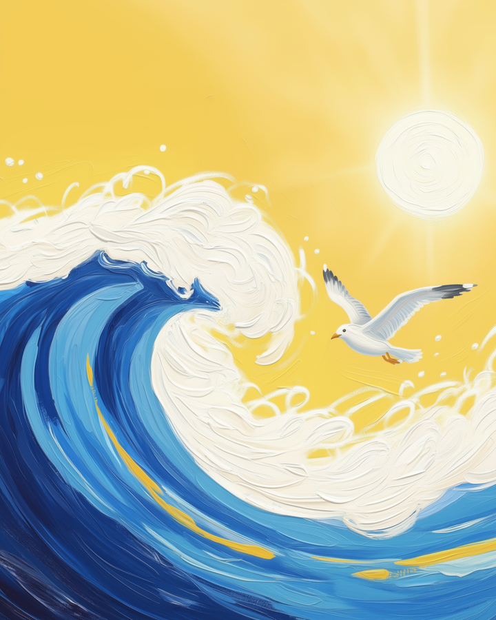 A vibrant painting depicts a large, curling blue wave with frothy white edges under a bright yellow sky. A seagull soars gracefully near the wave, and the sun shines radiantly above, casting a warm glow over the scene.