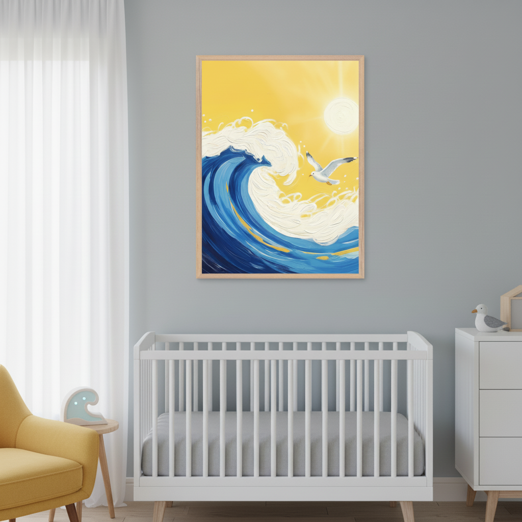Modern nursery with a white crib and dresser, and a yellow armchair. A large framed painting of a blue ocean wave, a yellow sun, and a white seagull hangs above the crib on a light gray wall. The art has a textured, painterly style.