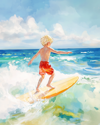 A young boy with blond hair and red swim trunks balances on a yellow surfboard, riding a gentle ocean wave under a bright blue sky. The vibrant water sparkles in shades of turquoise and green, capturing the joy and freedom of a sunny beach day.