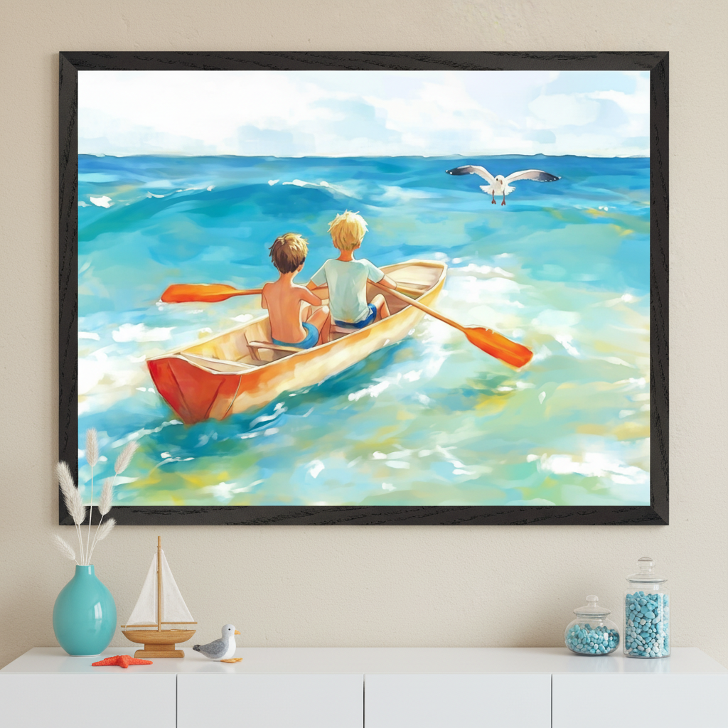 Artwork shows two young boys in swim trunks rowing a small wooden boat across sunlit turquoise waters, with a seagull flying just ahead of them. The framed artwork hangs on a beige wall above a white dresser decorated with nautical-themed items, creating a breezy, coastal atmosphere.