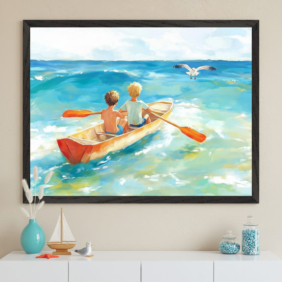 Artwork shows two young boys in swim trunks rowing a small wooden boat across sunlit turquoise waters, with a seagull flying just ahead of them. The framed artwork hangs on a beige wall above a white dresser decorated with nautical-themed items, creating a breezy, coastal atmosphere.