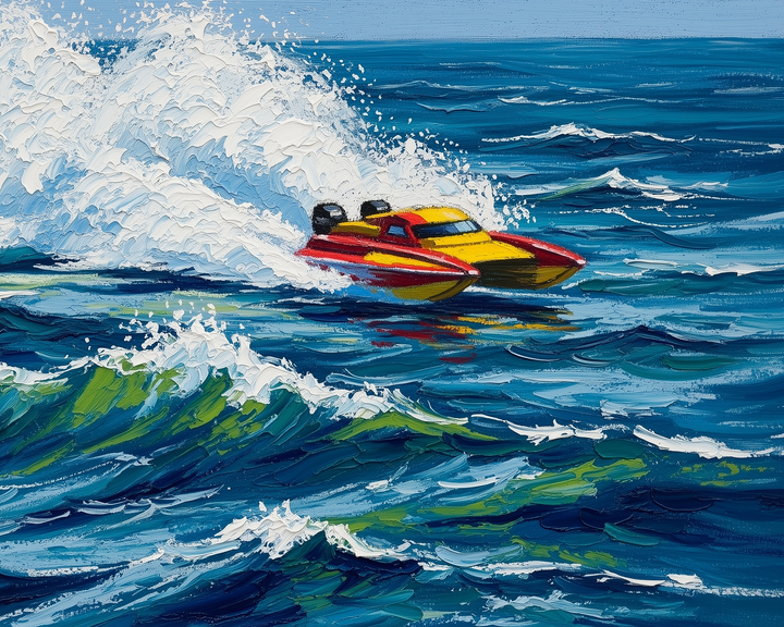 A vibrant painting depicts a yellow and red speedboat racing through dynamic ocean waves, creating a dramatic spray of water. The textured brushstrokes capture the movement and energy of the sea, with rich shades of blue and green highlighting the churning water.
