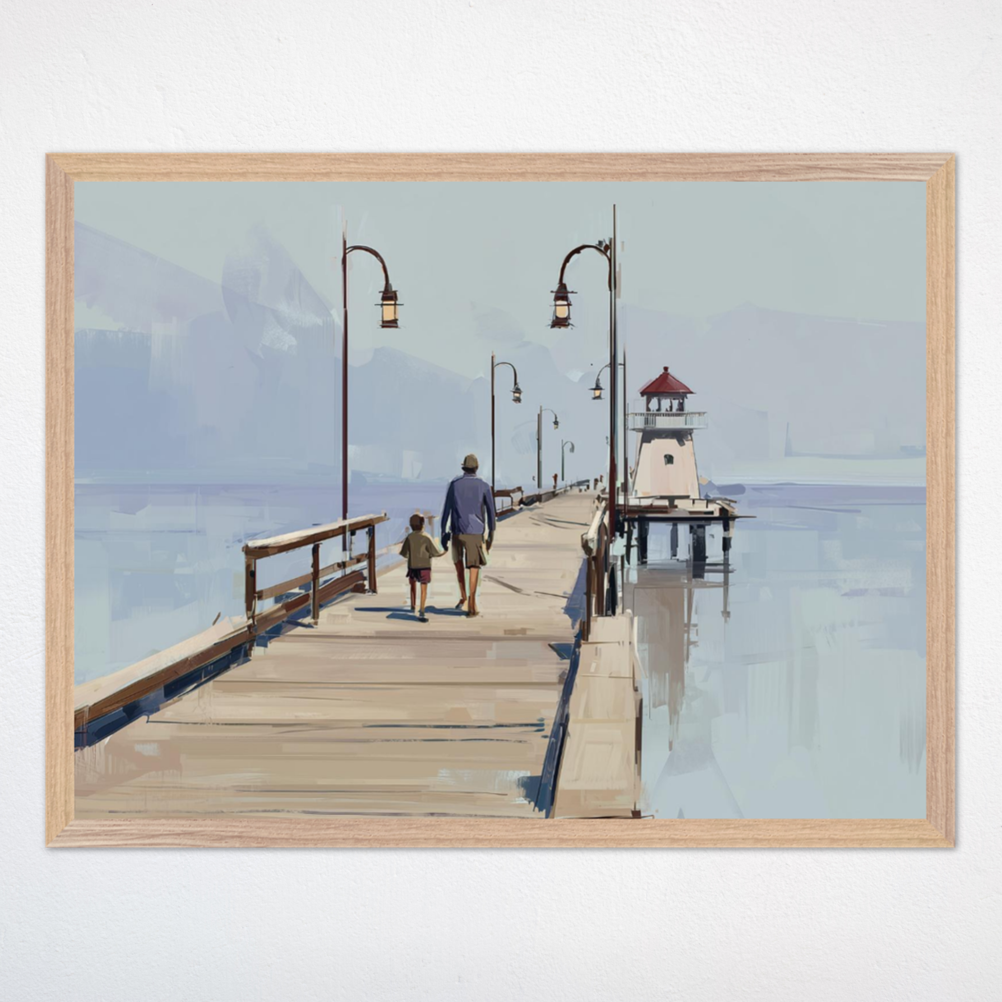 A man and child walking along a wooden pier lined with vintage street lamps. The pier extends out toward a small lighthouse, with calm water and a softly painted sky creating a tranquil atmosphere.