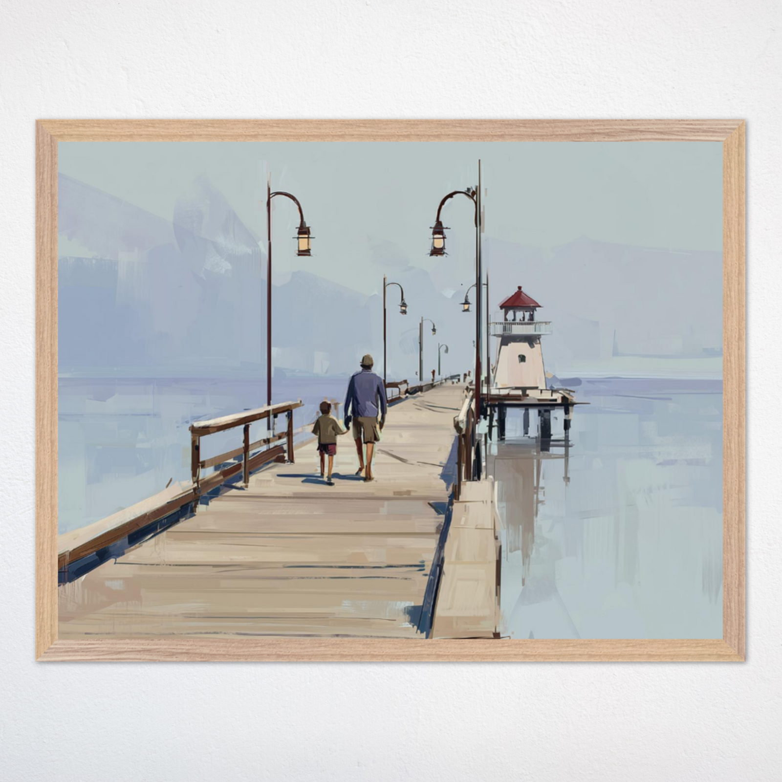 A man and child walking along a wooden pier lined with vintage street lamps. The pier extends out toward a small lighthouse, with calm water and a softly painted sky creating a tranquil atmosphere.