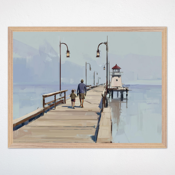 A man and child walking along a wooden pier lined with vintage street lamps. The pier extends out toward a small lighthouse, with calm water and a softly painted sky creating a tranquil atmosphere.