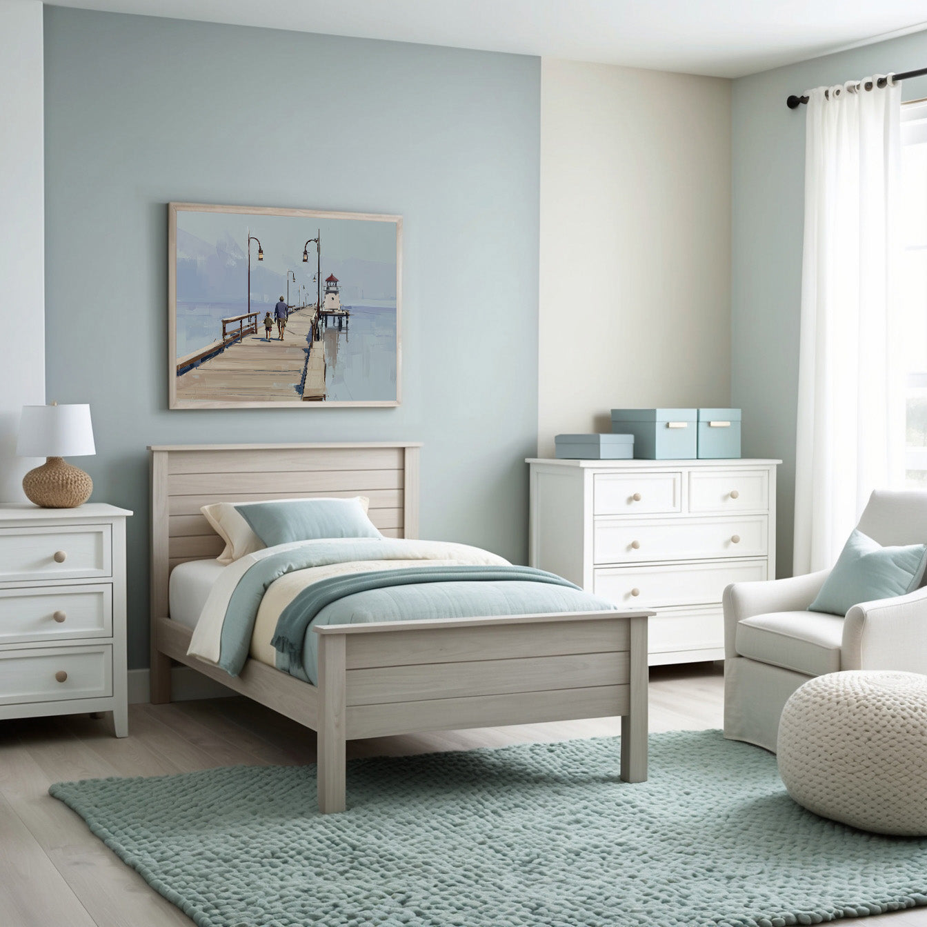 A serene, modern bedroom decorated in soft shades of blue, white, and cream, featuring a neatly made single bed, cozy seating area, white furnishings, and artwork depicting people strolling along a pier towards a small lighthouse.