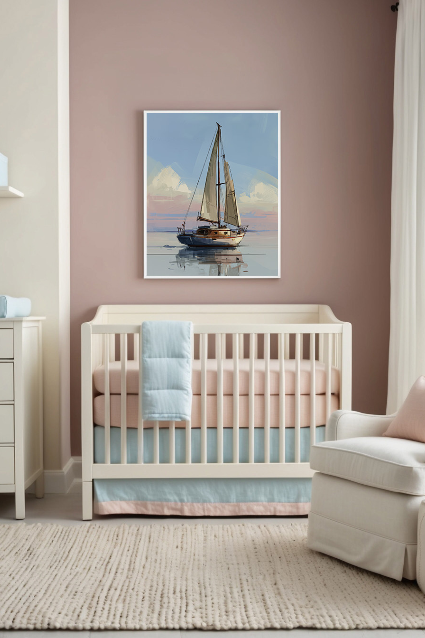 A charming nursery designed with soft blush pink, cream, and pastel blue tones, featuring a cozy crib and plush furnishings. A framed painting of a sailboat resting peacefully on calm waters with pastel skies enhances the serene and dreamy feel of the room.