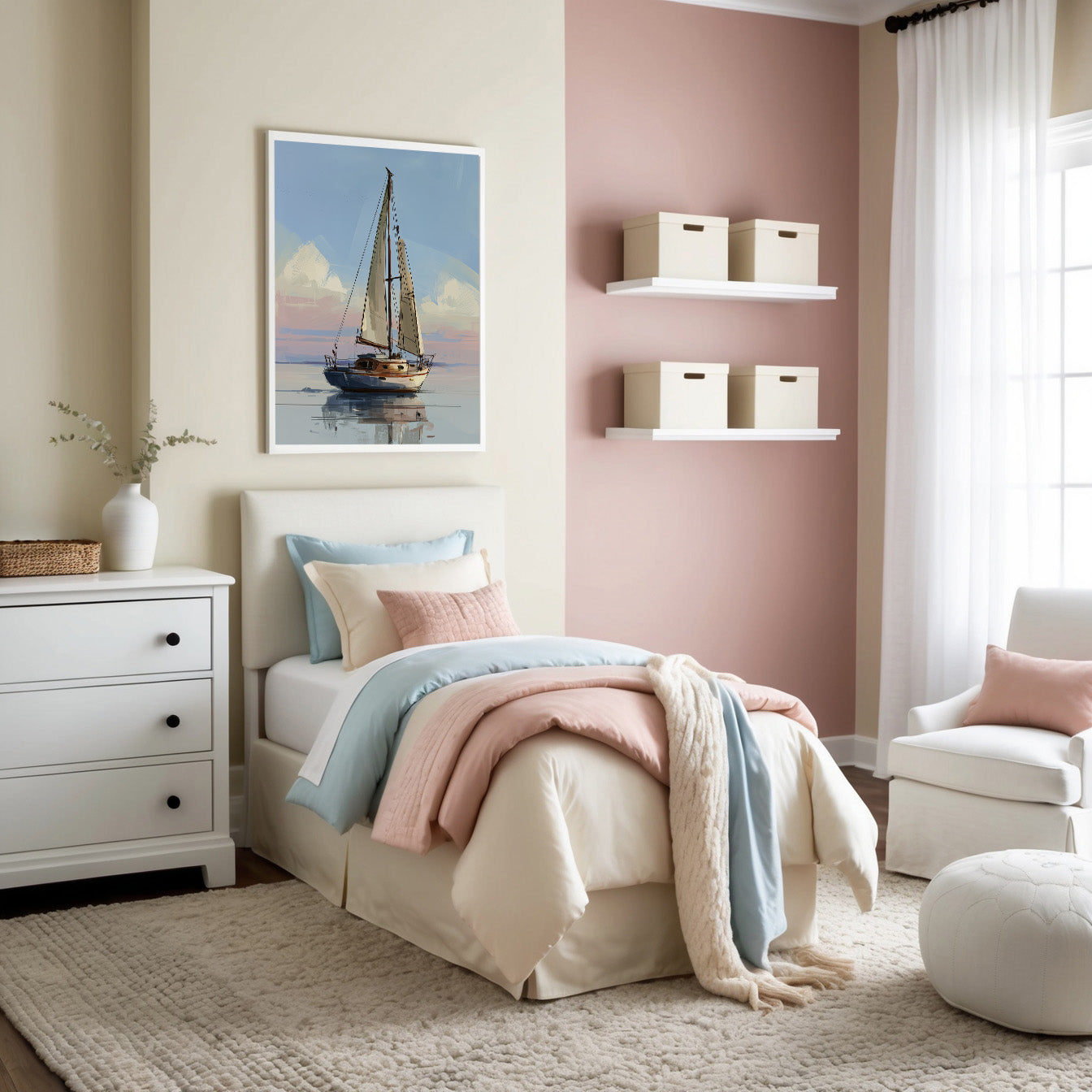 Softly decorated bedroom with pastel pink and blue accents, featuring plush bedding and gentle natural lighting. A framed artwork above the bed depicts a sailboat on serene waters, enhancing the room's calm and dreamy coastal atmosphere.