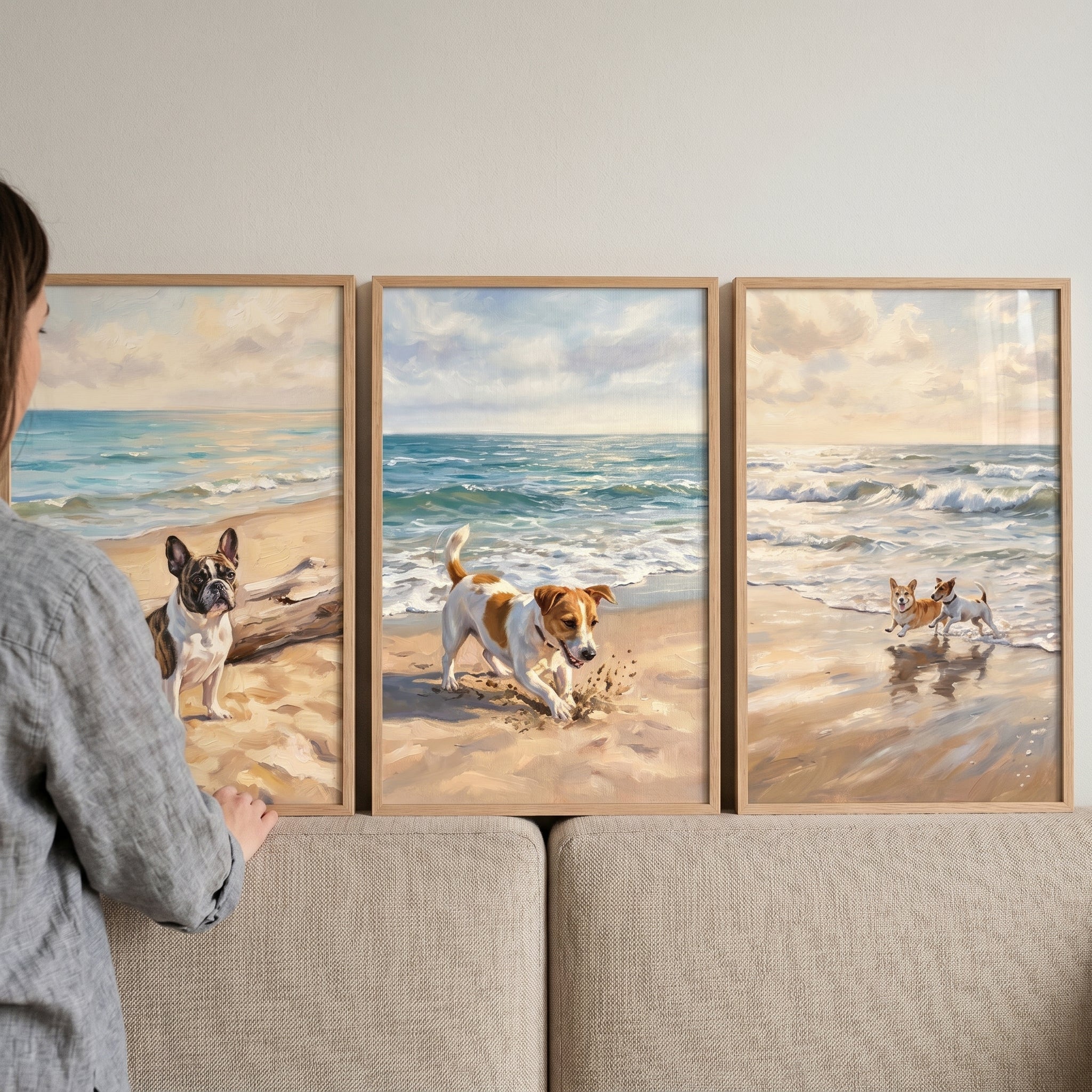 Oceanfront Maritime Sandy Dog Wall Art Set of 3 - Sunny Beach Pups