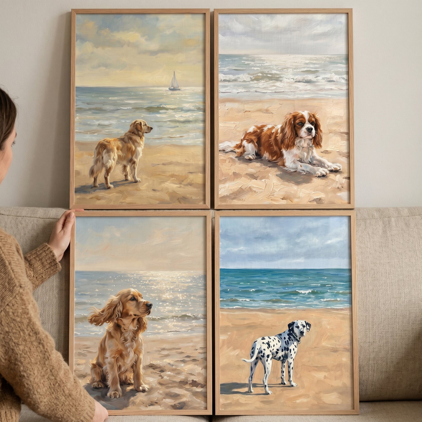 Four framed illustrations of dogs on beaches. This is an oceanfront sandy shore dogs wall art set of 4.