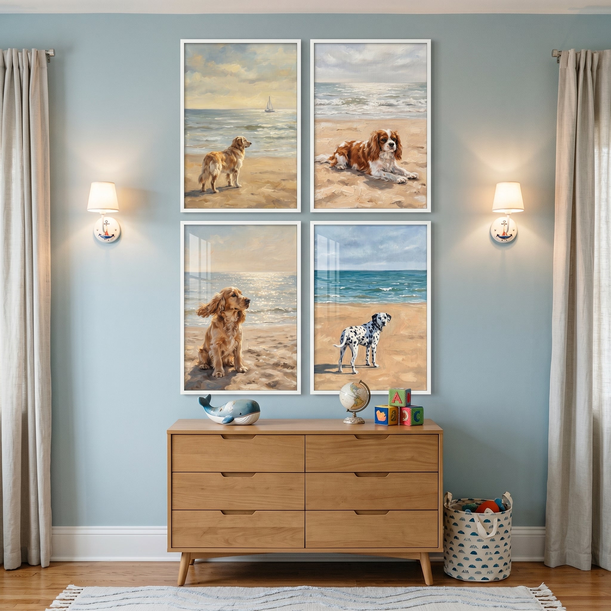 Oceanfront Sandy Shore Dogs Wall Art Set of 4 - Coastal Canine Friends