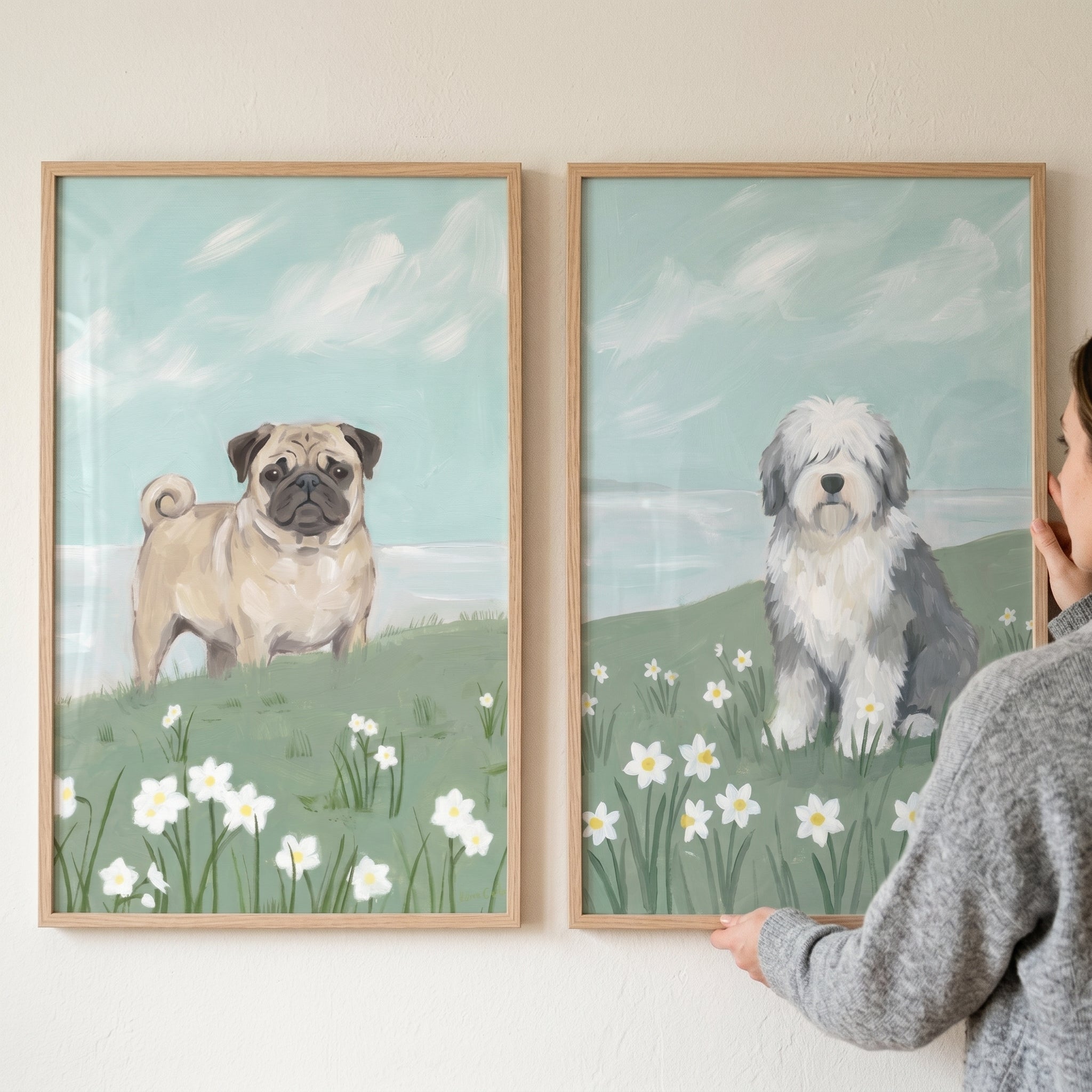 Oceanfront White Daffodil Dogs Wall Art Set of 2 - Flower Meadow Pups