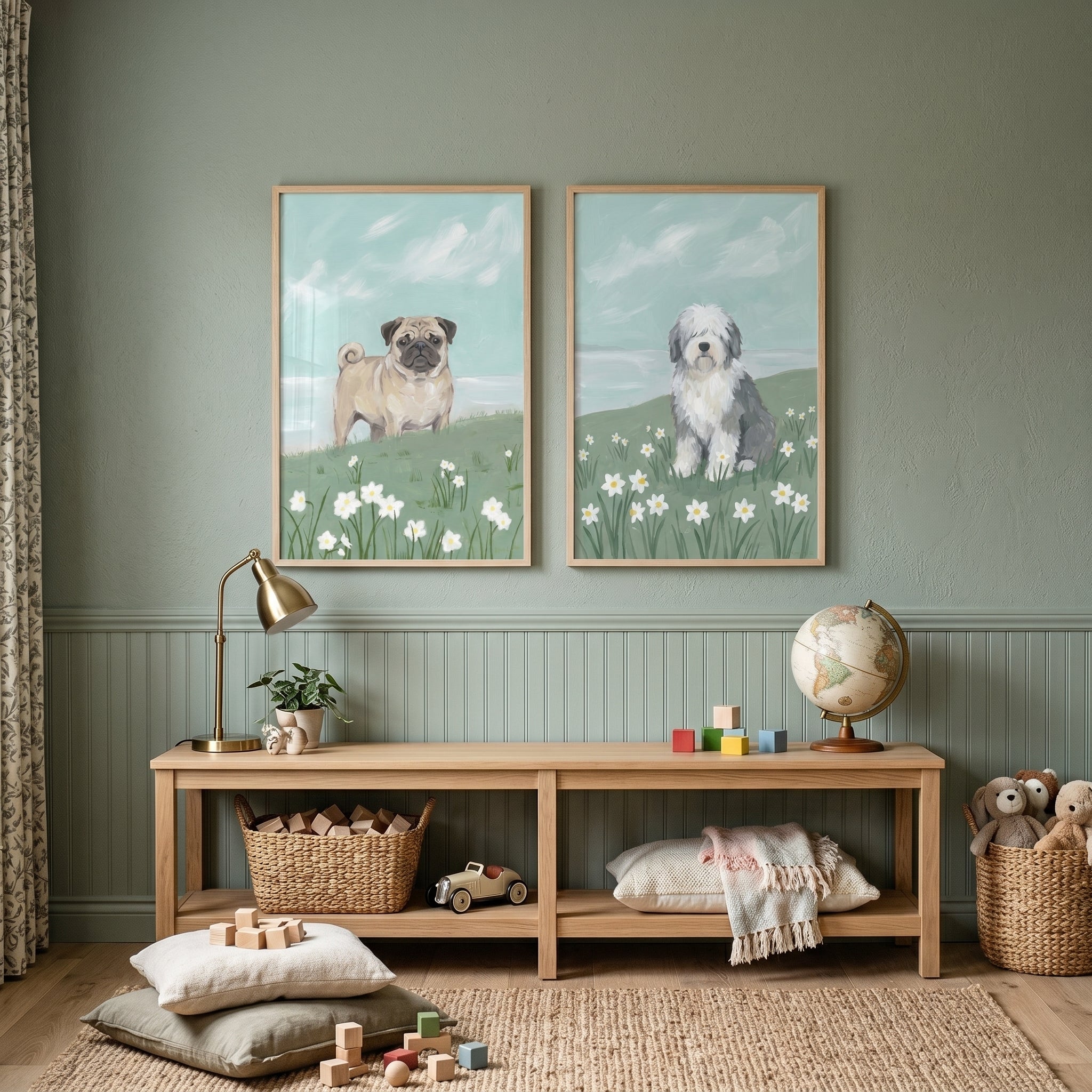 Oceanfront White Daffodil Dogs Wall Art Set of 2 - Flower Meadow Pups