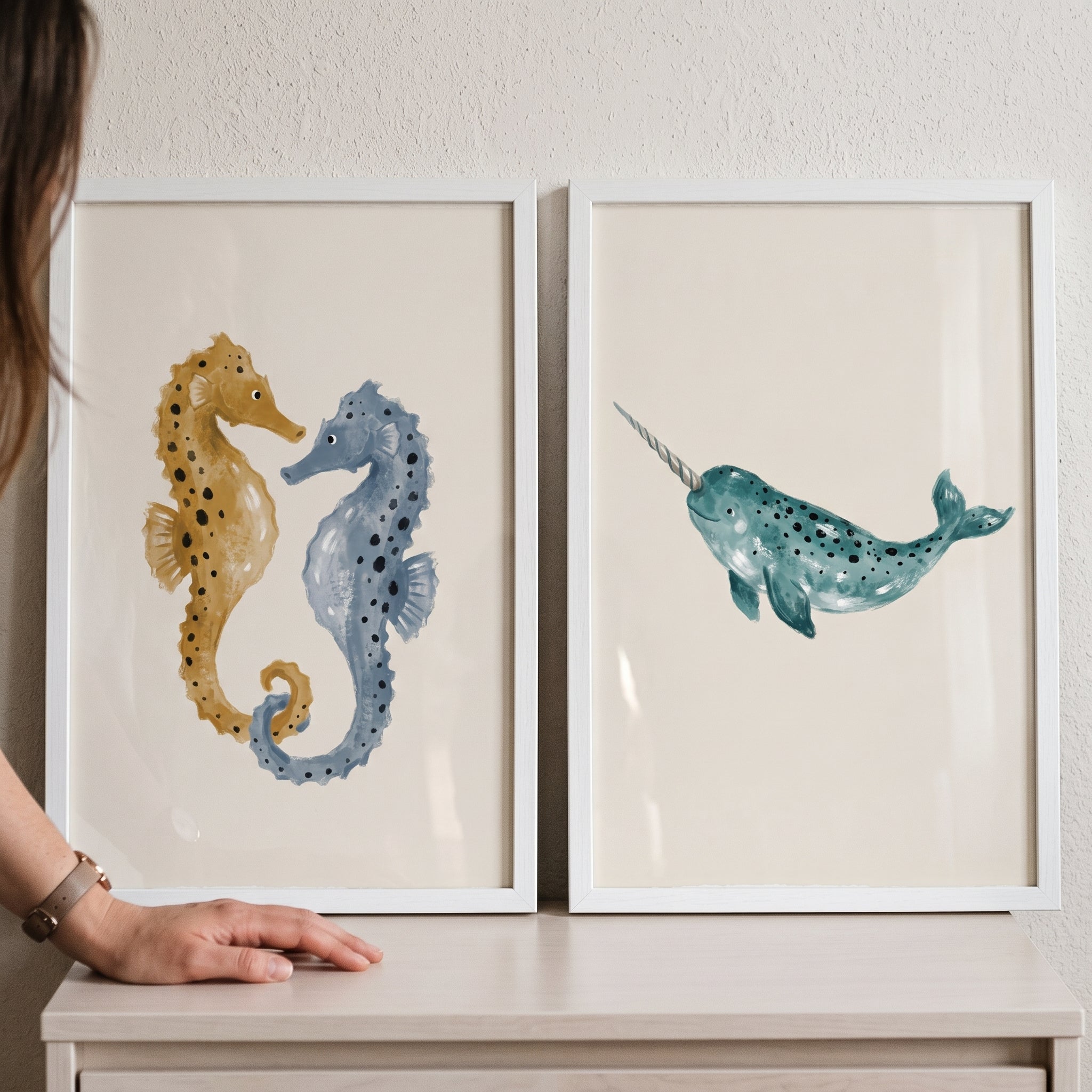 Ochre Blue Sea Animal Wall Art Set of 2 - Whimsical Sea Friends