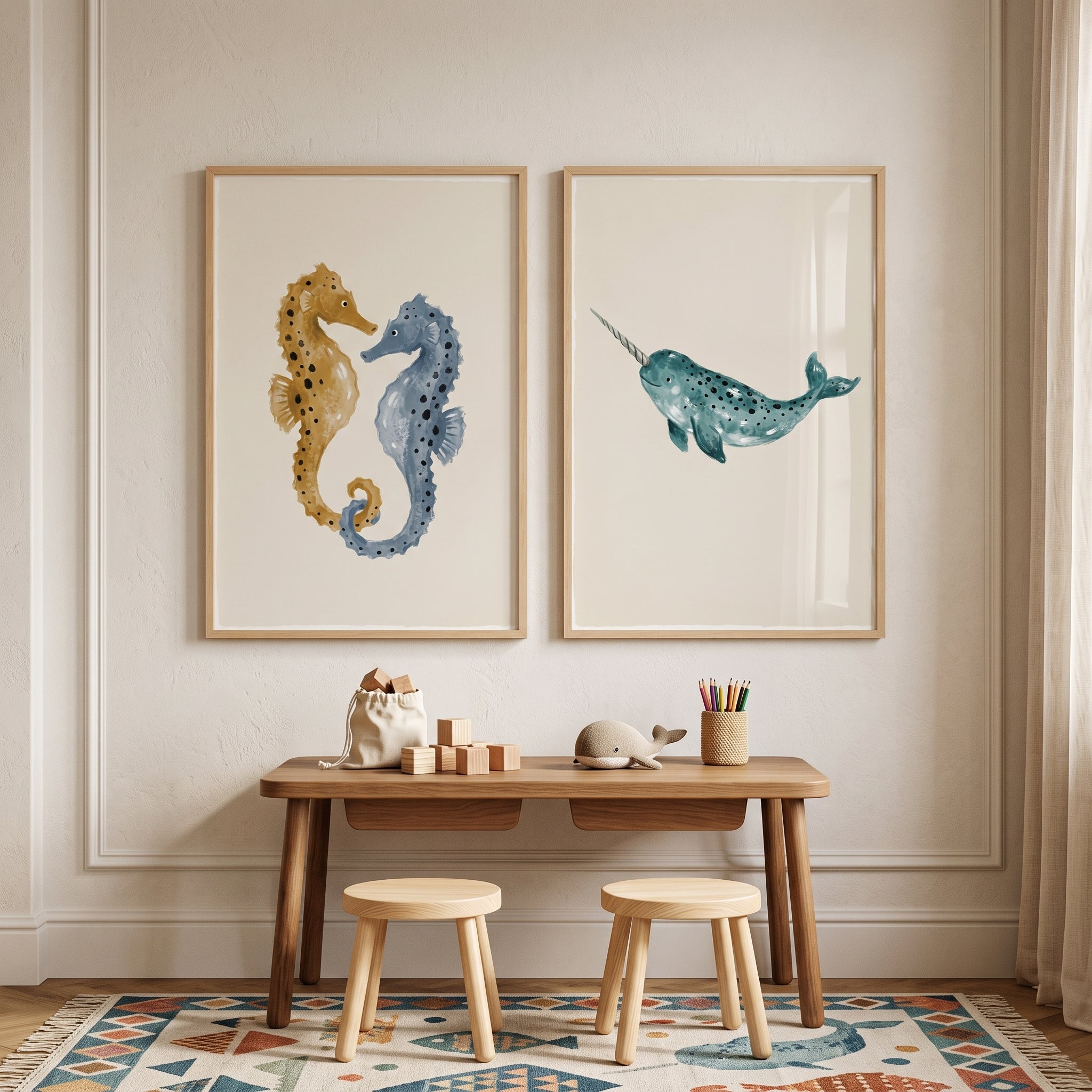 Ochre Blue Sea Animal Wall Art Set of 2 - Whimsical Sea Friends