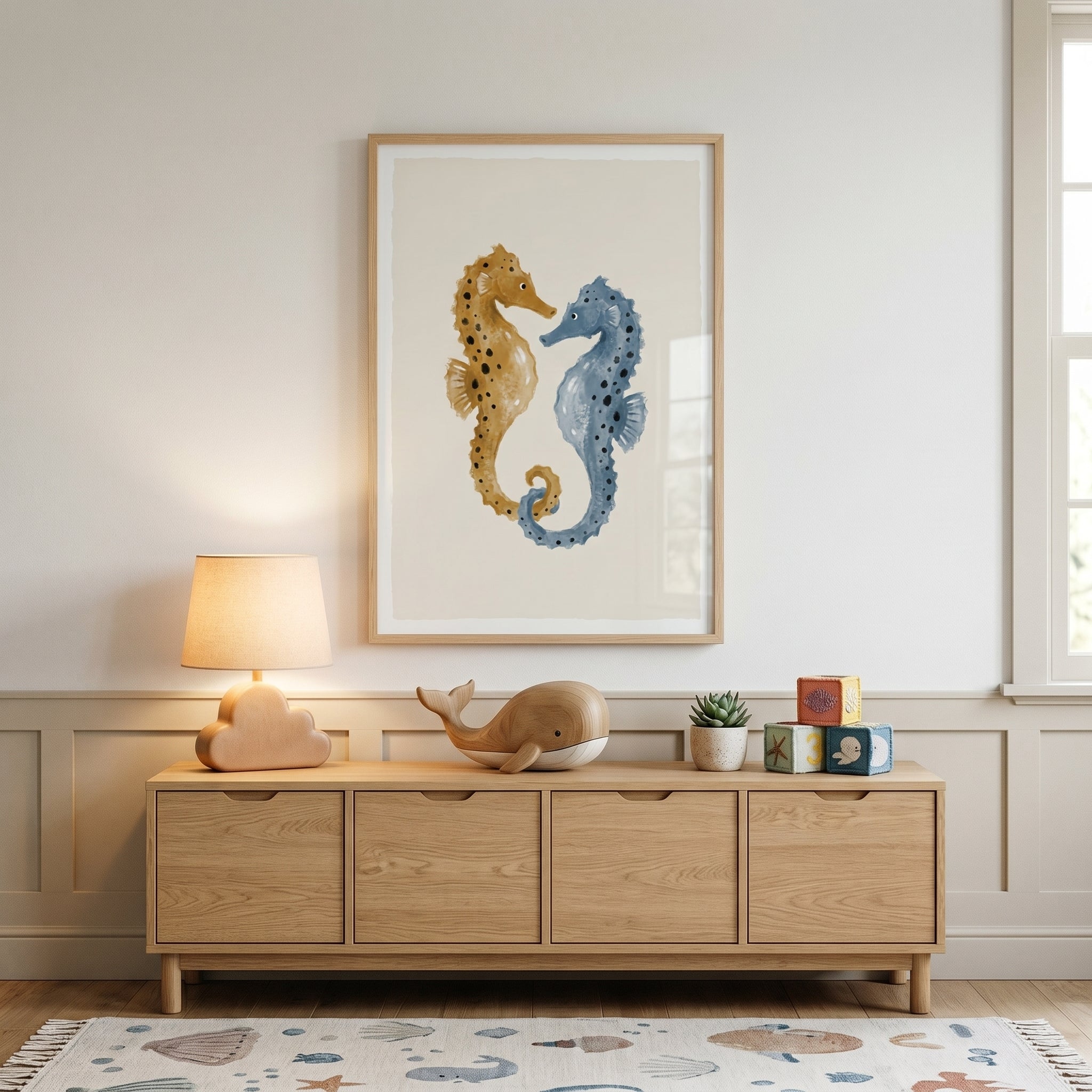Ochre Blue Spotted Seahorses Wall Art - Oceanic Harmony