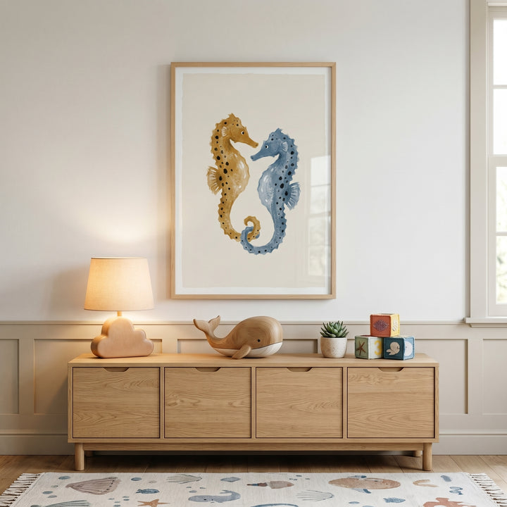 Ochre blue spotted seahorses wall art hangs above a wooden sideboard with a cloud lamp and whale toy in a neutral nursery.