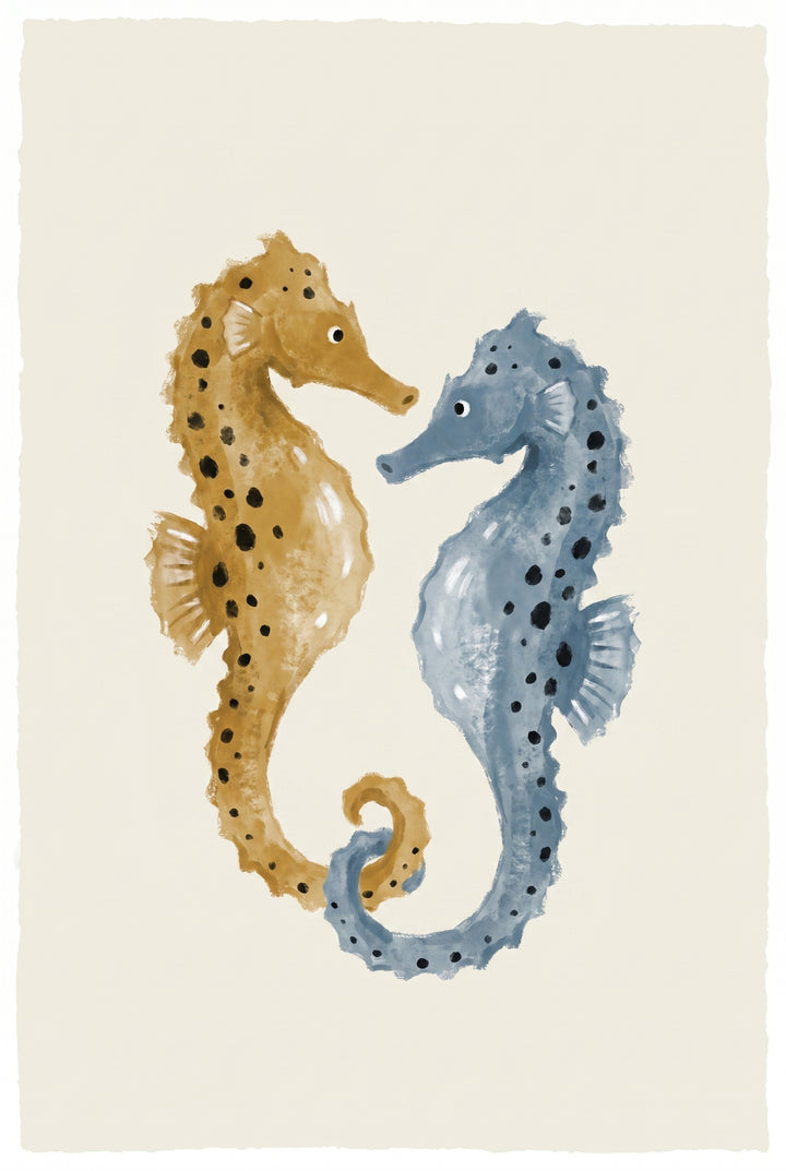 Ochre blue spotted seahorses wall art depicts two illustrated seahorses facing each other on a cream background.