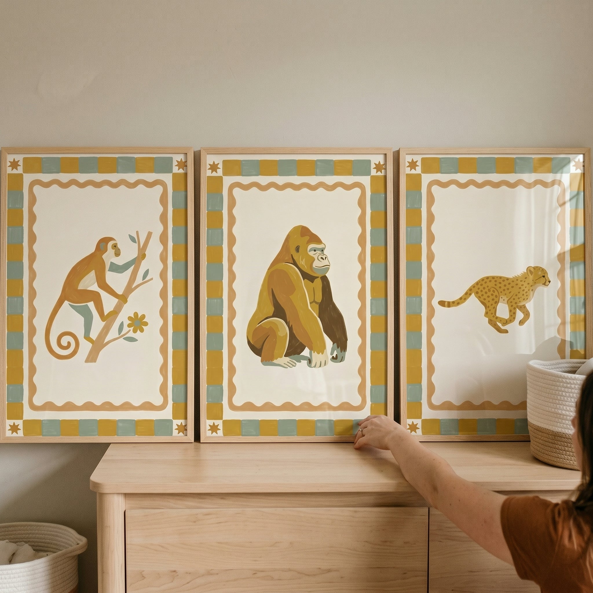 Ochre Checkered Savanna Animals Wall Art Set of 3 - Jungle Animal Trio