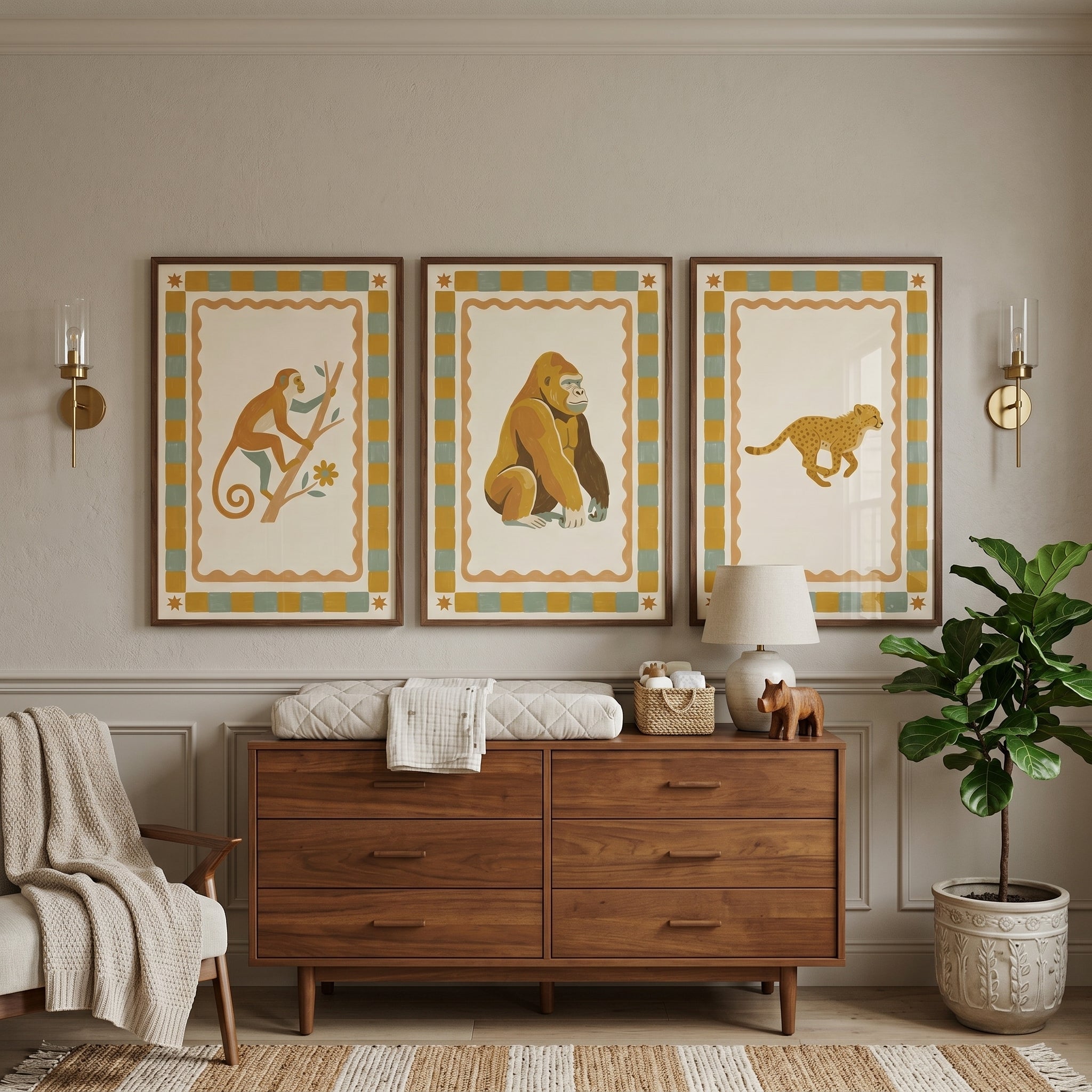 Ochre Checkered Savanna Animals Wall Art Set of 3 - Jungle Animal Trio