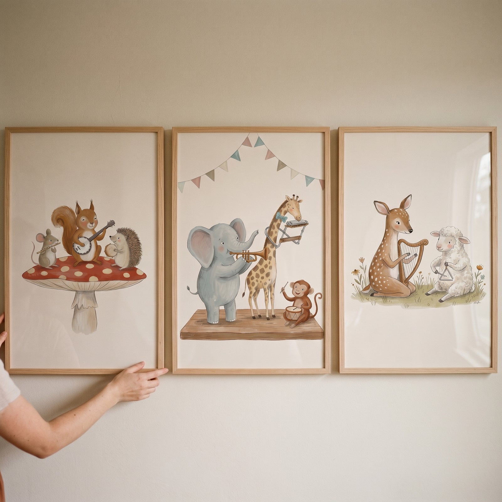 Ochre cream musical animal wall art set of 3 featuring whimsical forest animals playing instruments in wood frames.