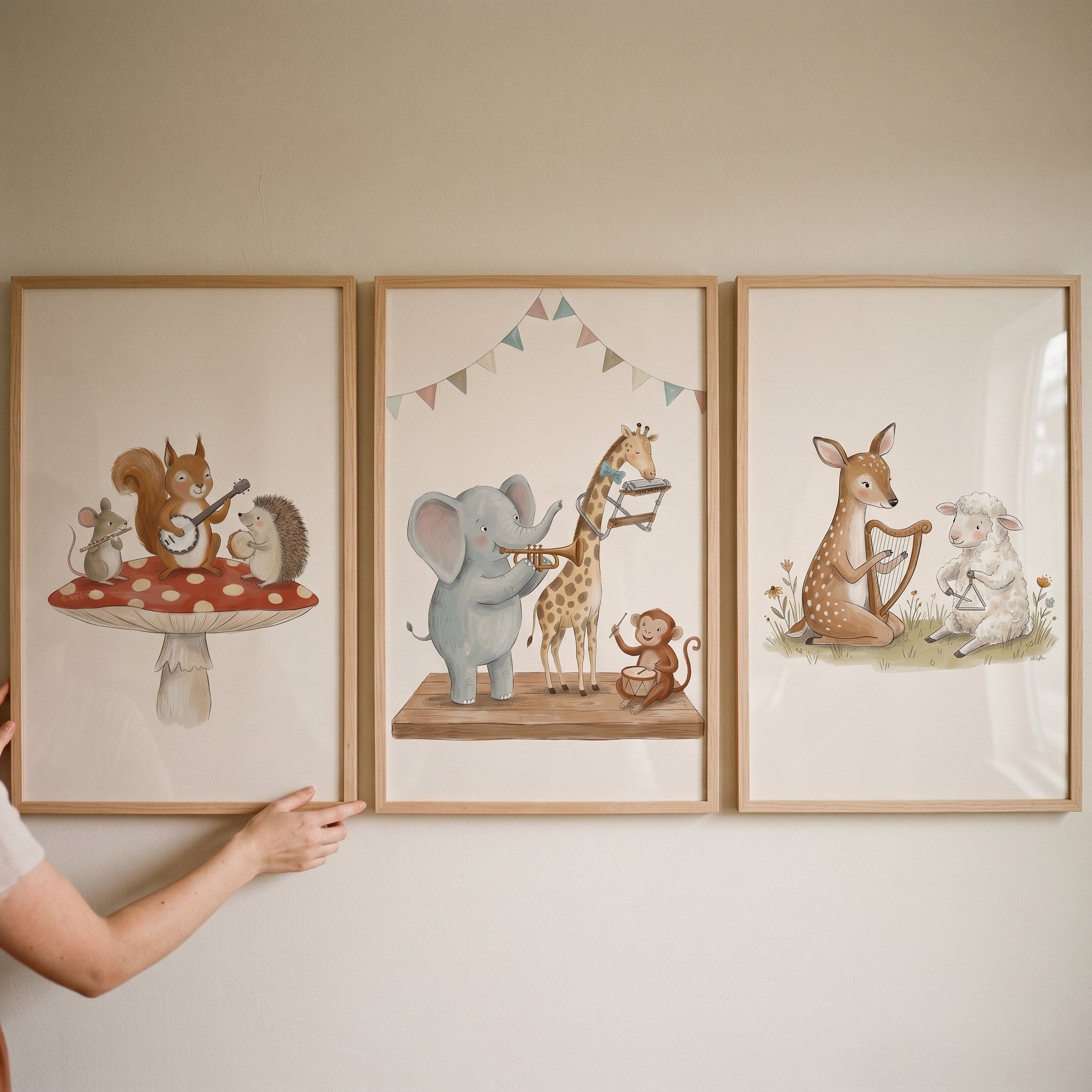 Ochre Cream Musical Animal Wall Art Set Of 3 - Woodland Music Friends