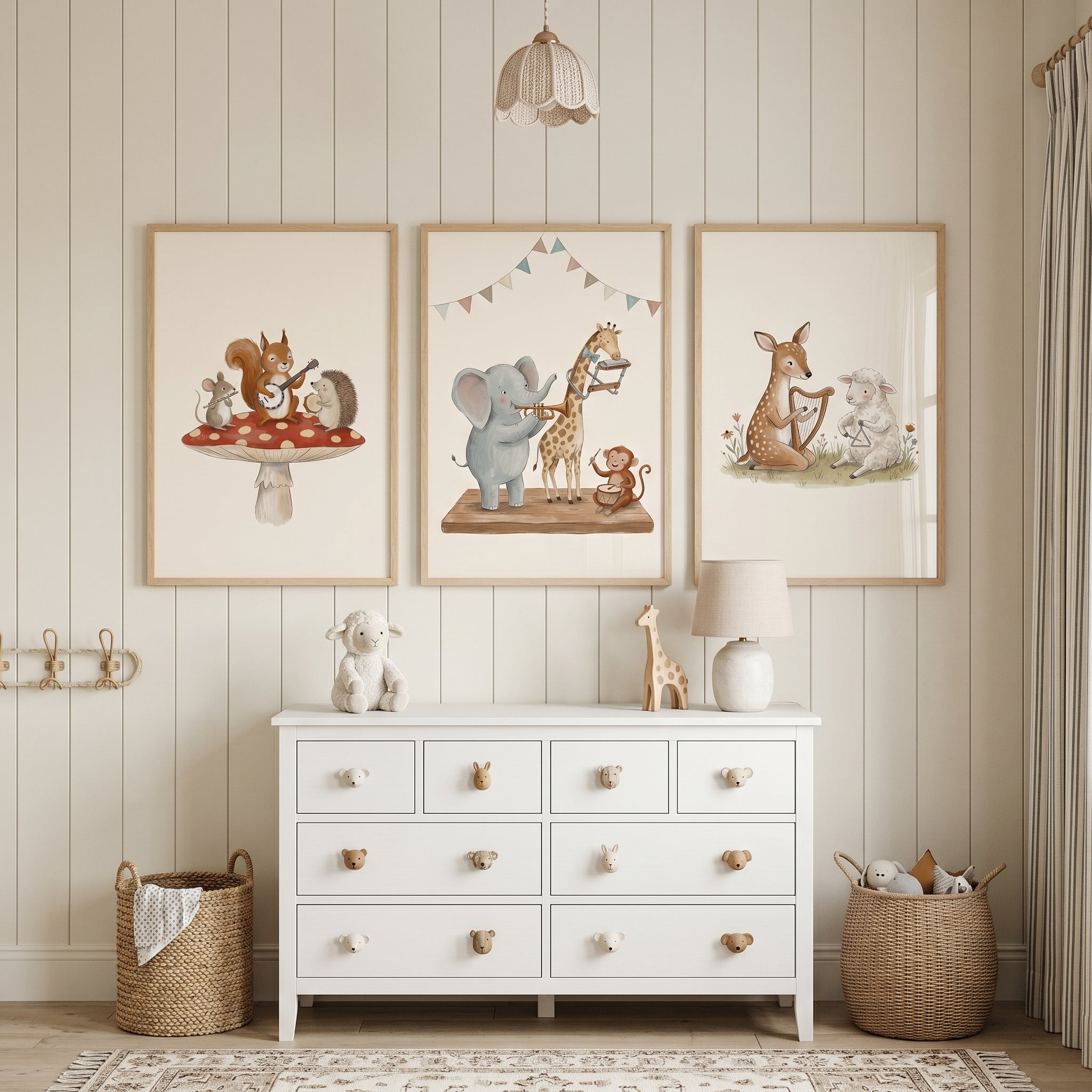 Ochre Cream Musical Animal Wall Art Set Of 3 - Woodland Music Friends