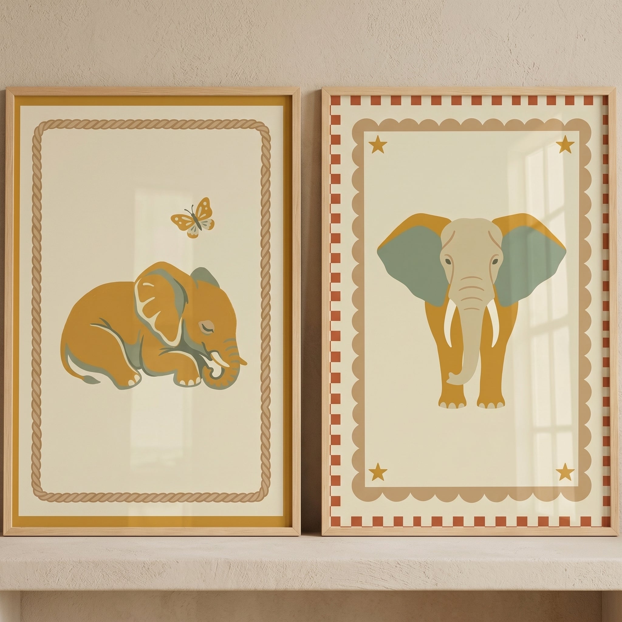 Ochre Folk Safari Elephant Wall Art Set of 2 - Golden Elephant Duo