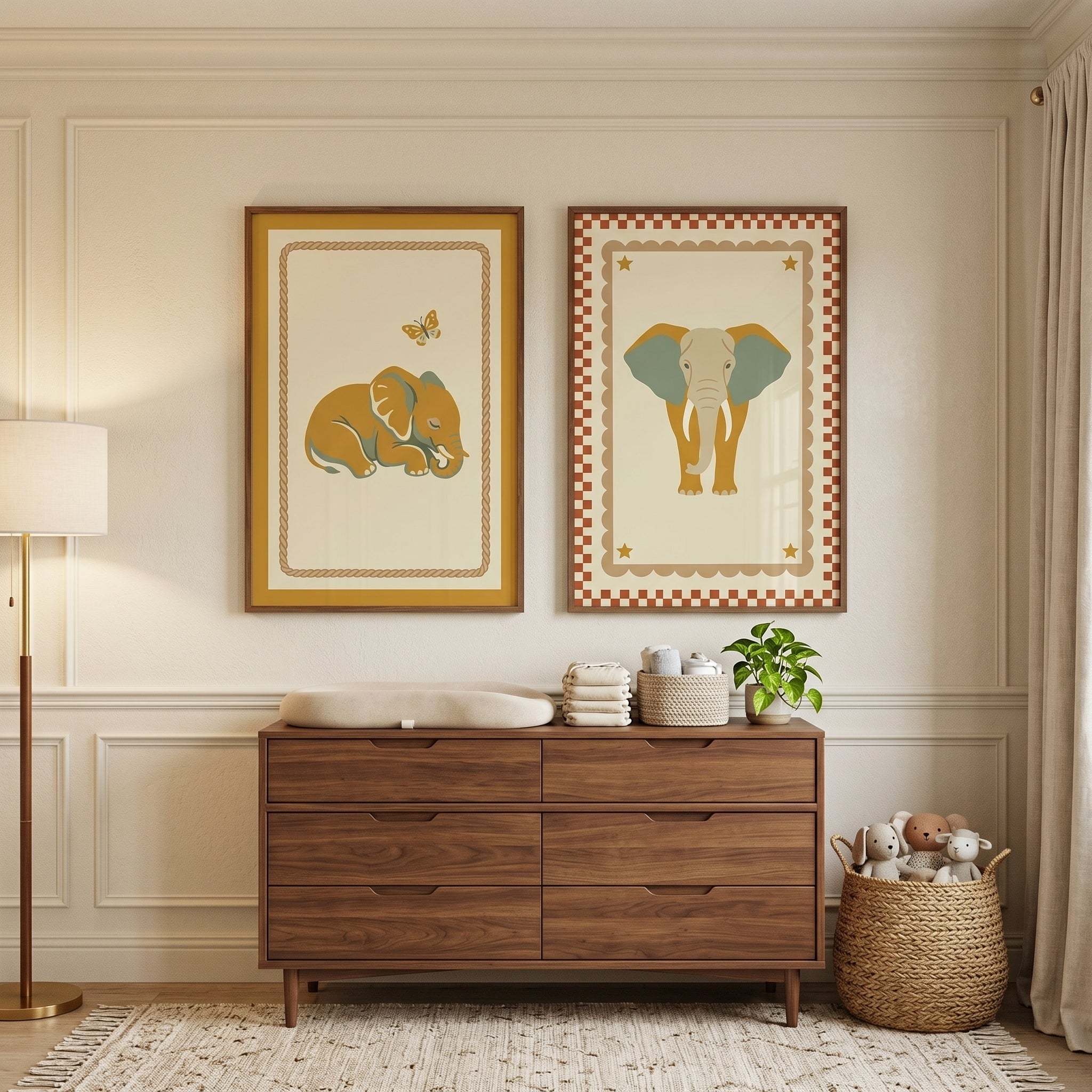 Ochre Folk Safari Elephant Wall Art Set of 2 - Golden Elephant Duo