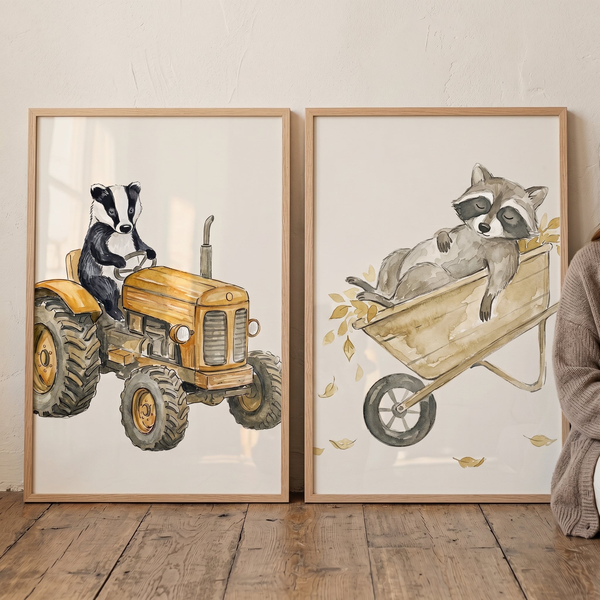 Ochre Watercolor Woodland Animals Wall Art Set of 2 - Woodland Farm Work