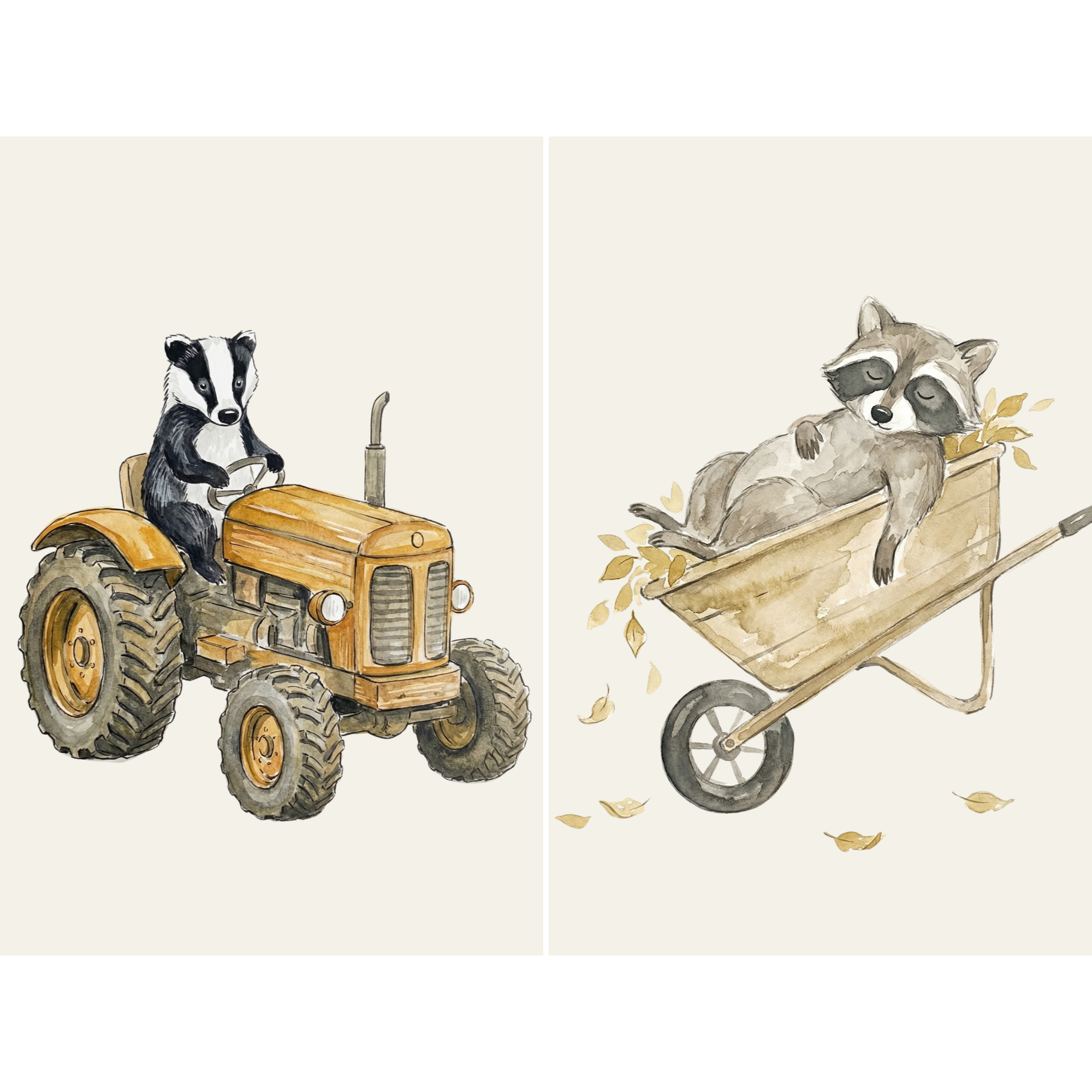 Ochre Watercolor Woodland Animals Wall Art Set of 2 - Woodland Farm Work