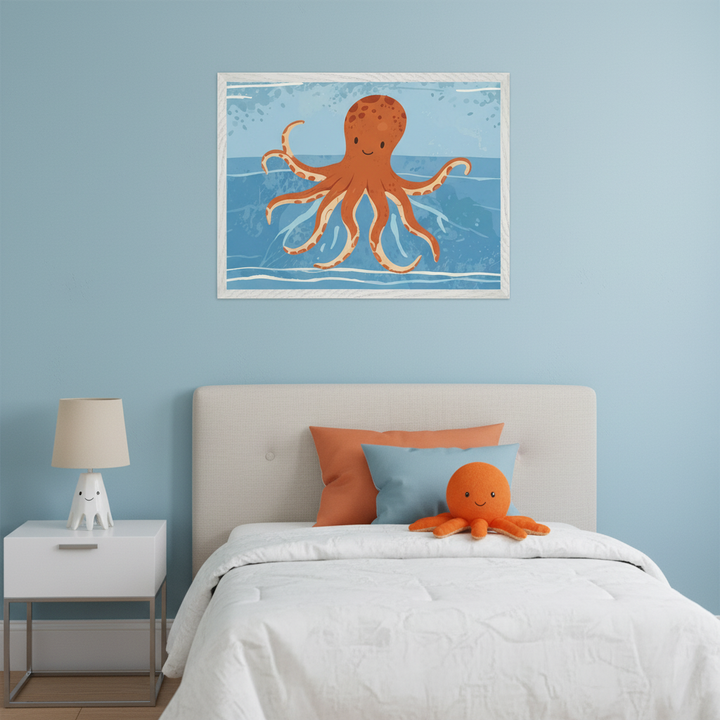 Kid's bedroom with a single bed and fabric headboard. A white nightstand with a smiling octopus lamp is beside the bed. Centered above the bed on a blue wall hangs a framed illustration of a happy orange cartoon octopus in blue water. An orange octopus plush toy sits on the bed.