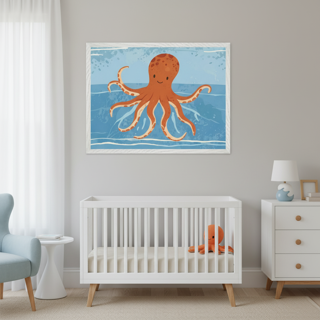 Modern nursery with a white crib and dresser, and a light blue armchair. A large framed print of a cartoon orange octopus in blue water hangs centered above the crib.