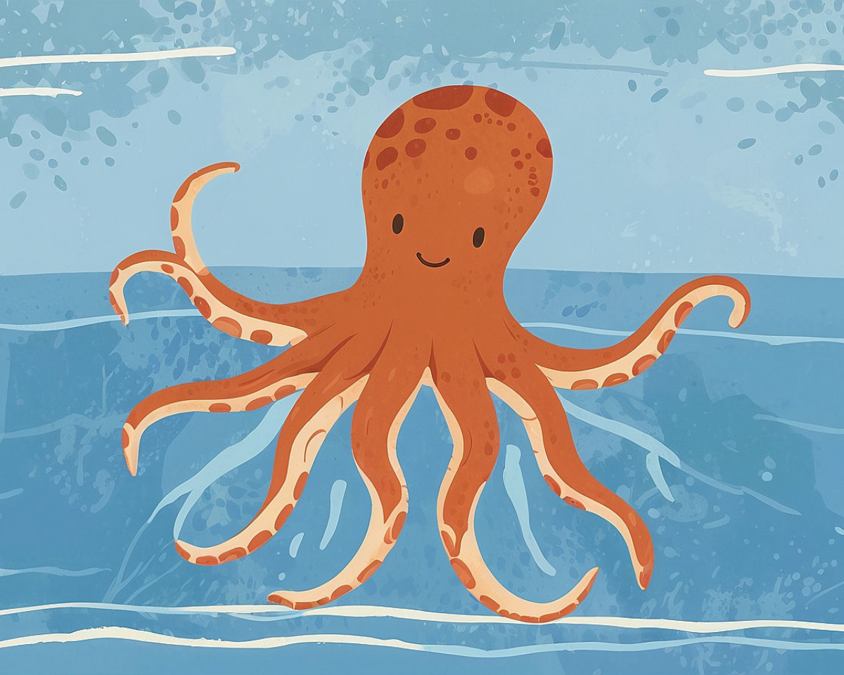 A cheerful, cartoon orange octopus with a smiling face floats in a stylized blue ocean, with its eight tentacles playfully spread out.