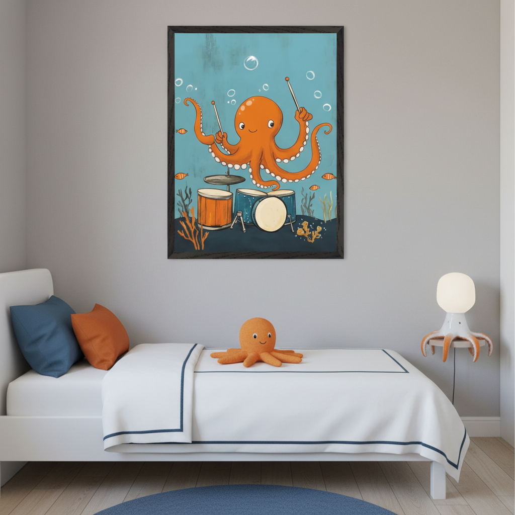Modern kid's bedroom with a white bed, blue and orange pillows. A large framed illustration of an orange octopus playing drums underwater hangs above the bed. An octopus plush and a themed lamp are on the bed and side shelf.
