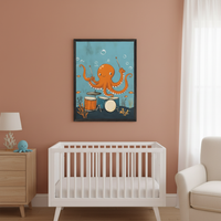 Modern nursery with a white crib, wood dresser, and white armchair. A framed cartoon print of an orange octopus playing drums underwater, surrounded by fish, hangs centrally on the terracotta wall above the crib.
