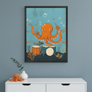 Modern kid's room with a white dresser. Above it hangs a framed print of a cartoon orange octopus playing drums underwater. A white vase with a green sprig and a crocheted orange octopus toy sit on the dresser.
