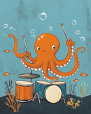A cheerful orange octopus is playing a drum set underwater, using its tentacles to hold drumsticks and hit the cymbals and drums, surrounded by small fish and seaweed against a blue background.