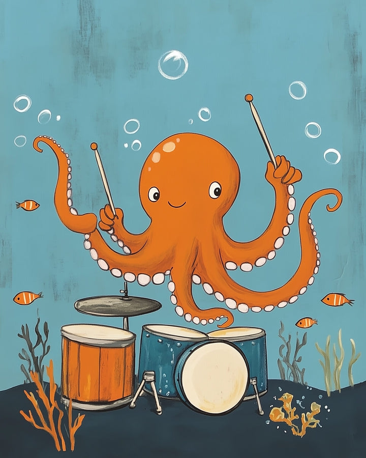 A cheerful orange octopus is playing a drum set underwater, using its tentacles to hold drumsticks and hit the cymbals and drums, surrounded by small fish and seaweed against a blue background.