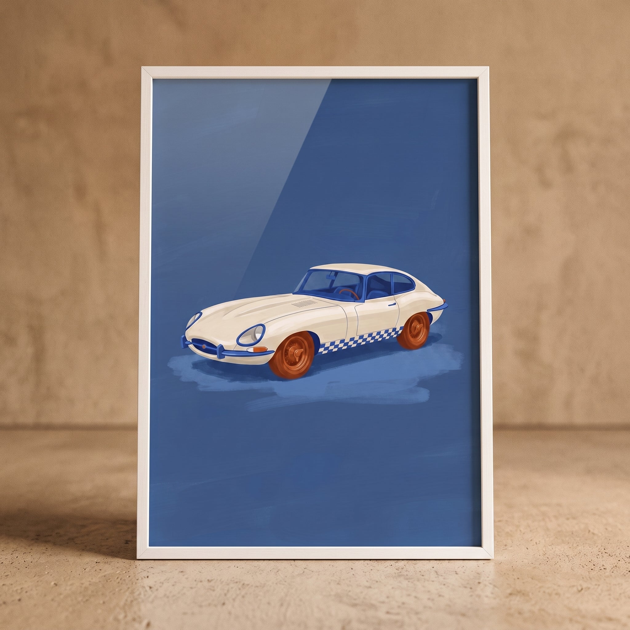 Off White Checkered Car Wall Art - Blue Racing Coupe