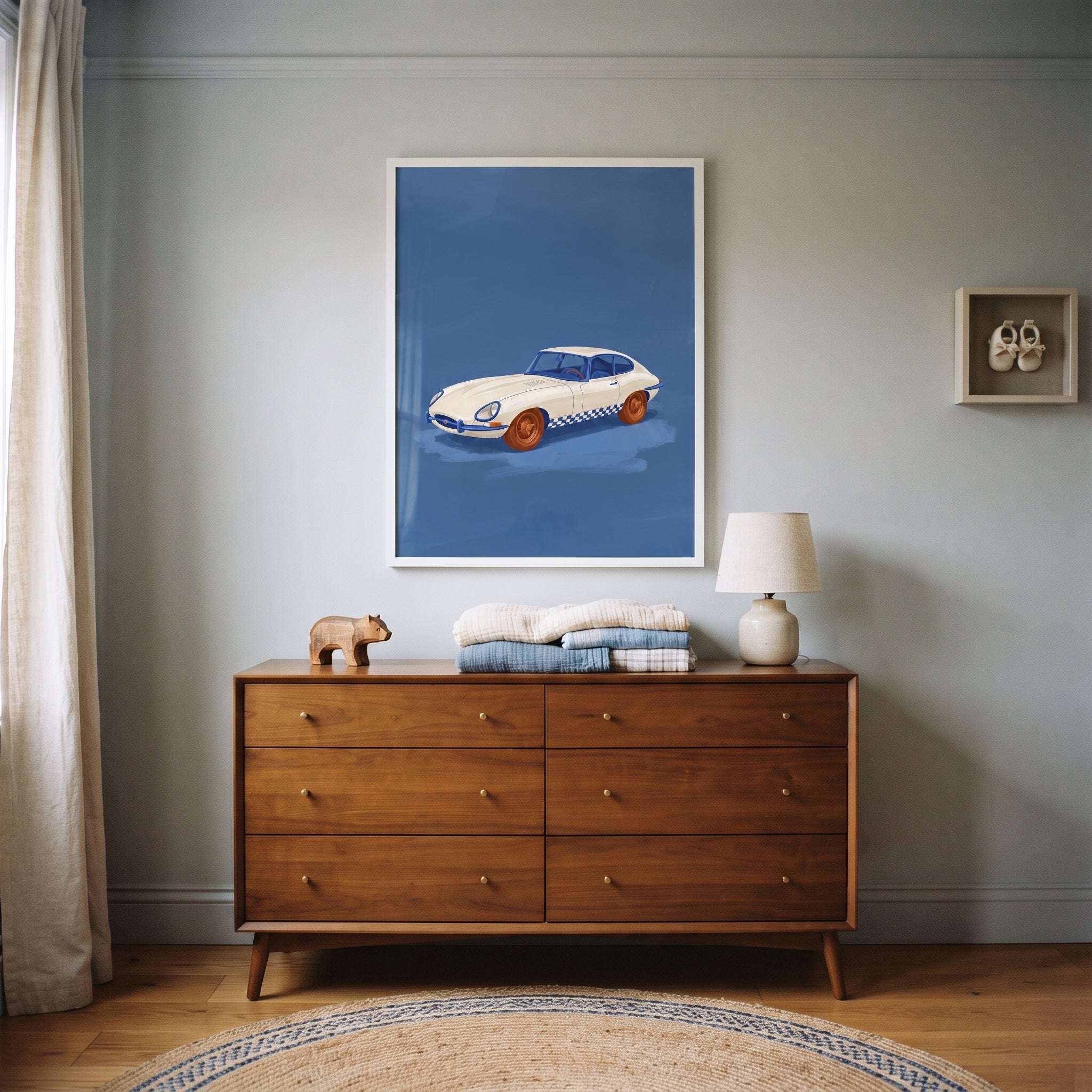 Off White Checkered Car Wall Art - Blue Racing Coupe