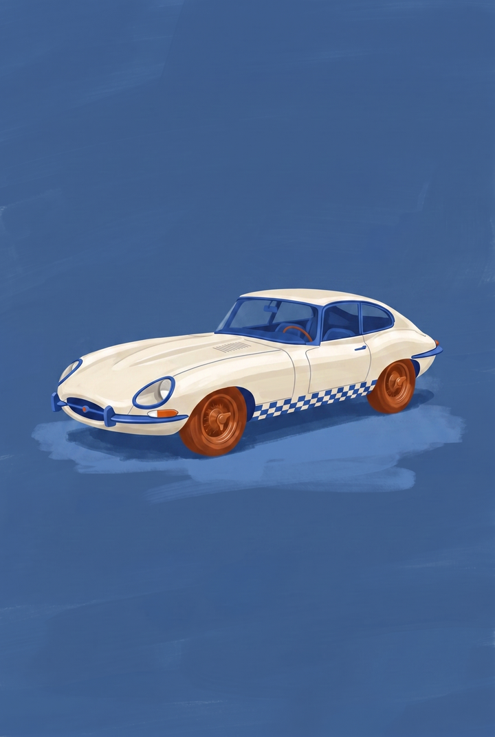 Off white checkered car wall art of a vintage cream sports car with blue accents and orange wheels on a blue backdrop.