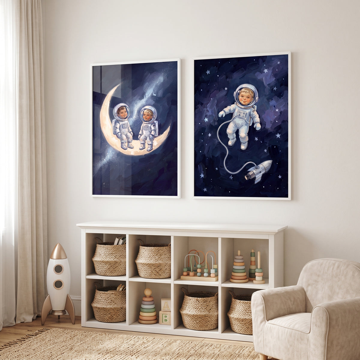 Oil Texture Child Astronaut Artwork Set of 2 - Whimsical Space Journey