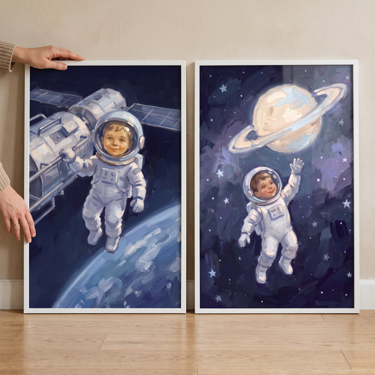Oil textured baby astronaut wall art set of 2 featuring space scenes with a satellite, Earth, and a ringed planet.