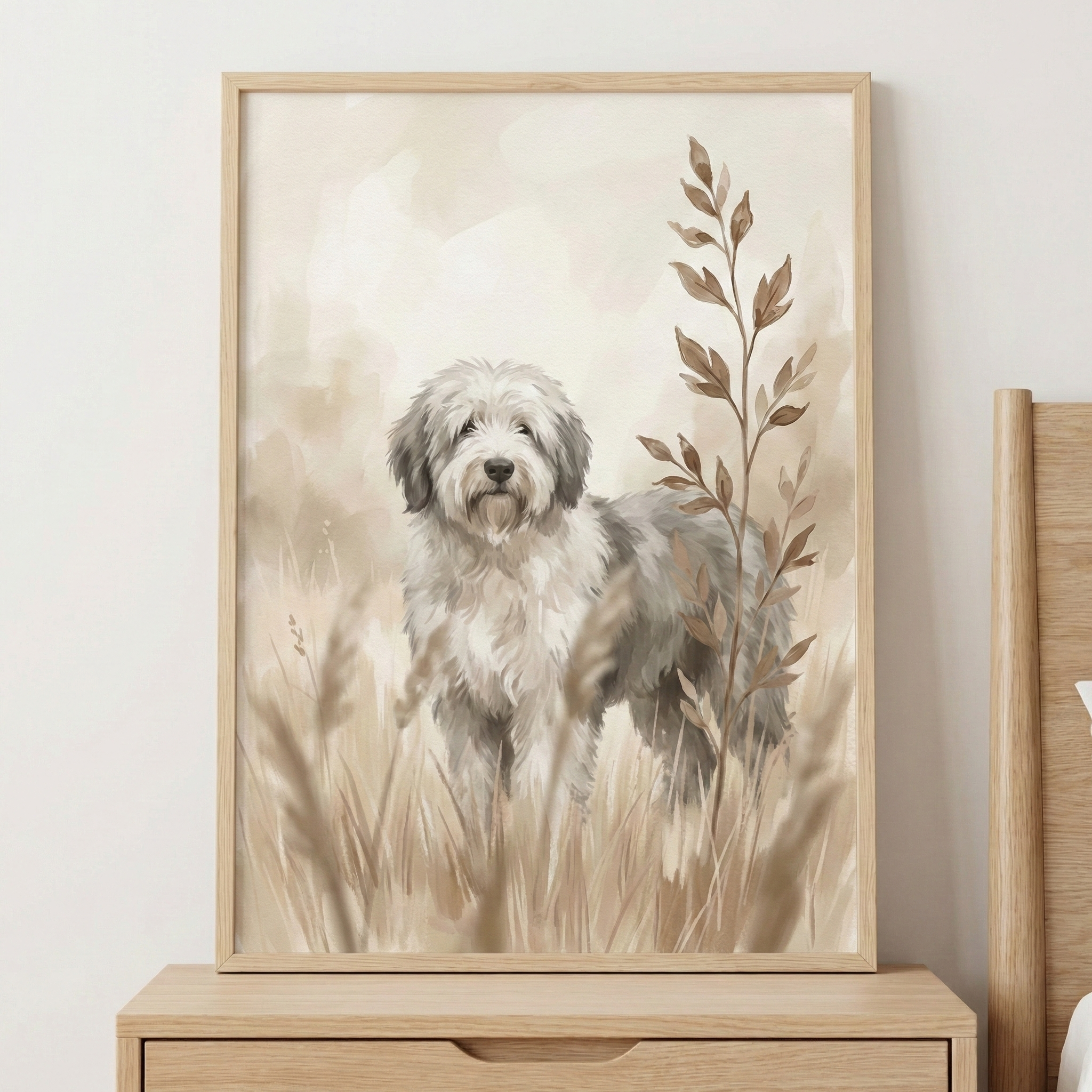 A framed watercolor-style illustration of a shaggy, fluffy dog standing in a field of tall, dry grass. The artwork features a muted color palette of beige, cream, grey, and brown. The dog has a white face and chest with grey fur on its ears and body. Delicate, dried botanical stalks are depicted in the foreground and background. The rectangular piece is housed in a thin, light-colored wooden frame and sits atop a wooden furniture surface against a neutral, off-white wall.