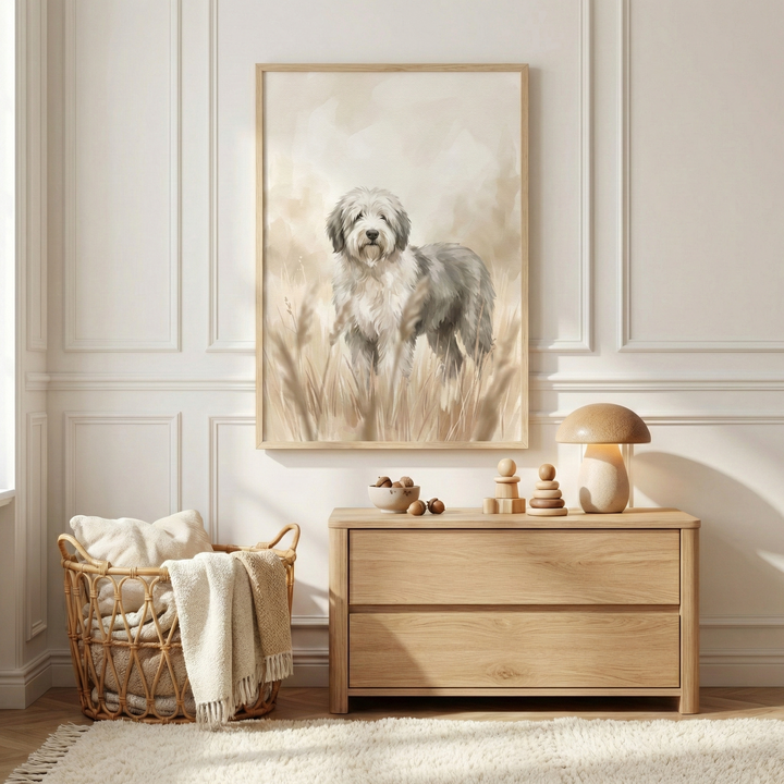 An illustrative artwork of a fluffy grey and white dog standing in tall grass is displayed in a light wood frame on a wall with white molding. Beneath it is a light wood chest of drawers featuring a mushroom-shaped lamp, wooden stacking toys, and a small bowl. A large wicker basket containing a soft pillow and a fringed throw blanket sits on the floor next to a plush, shaggy rug. The room is decorated in calming neutral tones and bathed in soft, warm light.