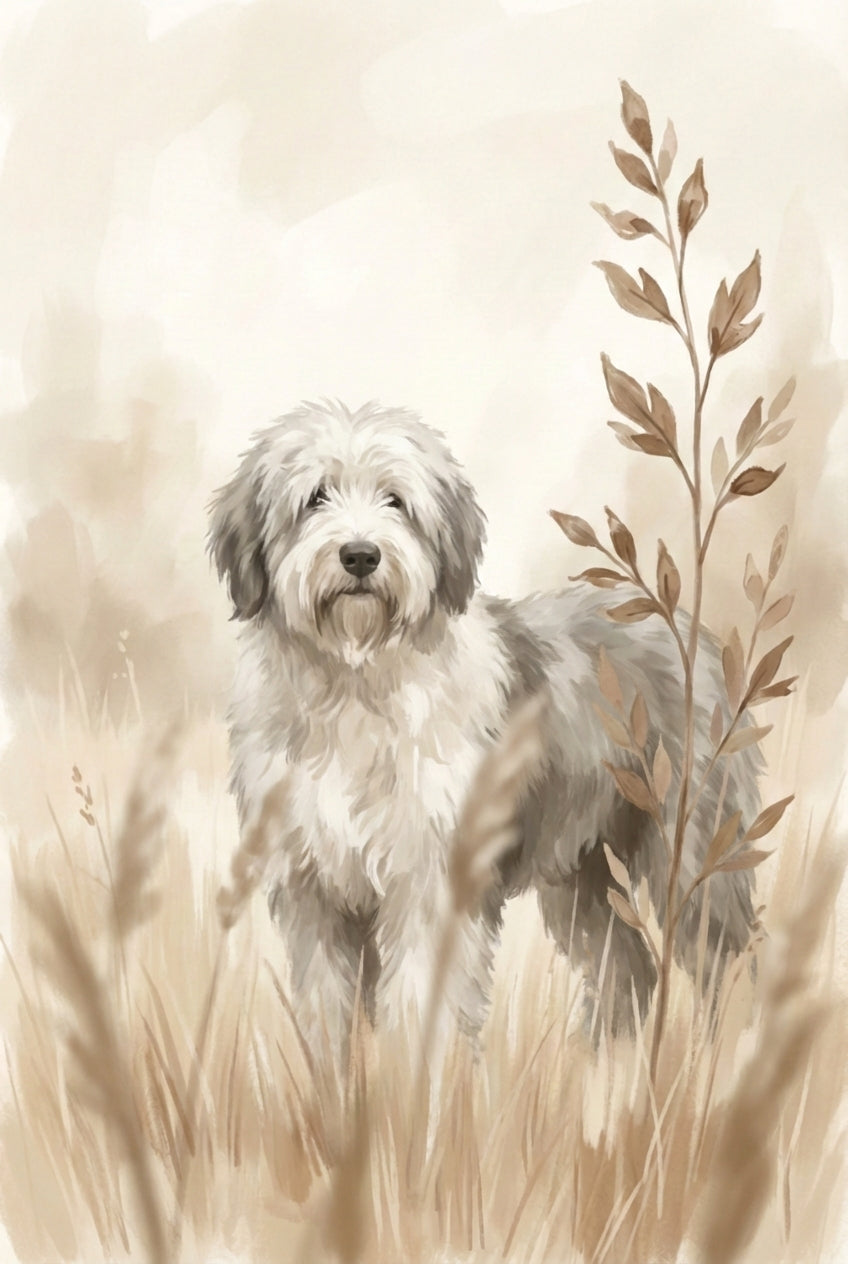 Neutral watercolor painting of an Old English Sheepdog standing in tall grass, featuring soft beige and gray tones with a gentle woodland backdrop.
