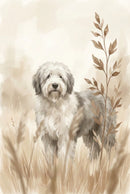 Neutral watercolor painting of an Old English Sheepdog standing in tall grass, featuring soft beige and gray tones with a gentle woodland backdrop.
